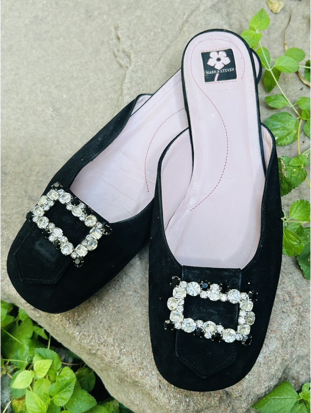 Mark & Steven Black Suede Leather Crystal  Kitten Heel Mules  Women Shoes US8.5
